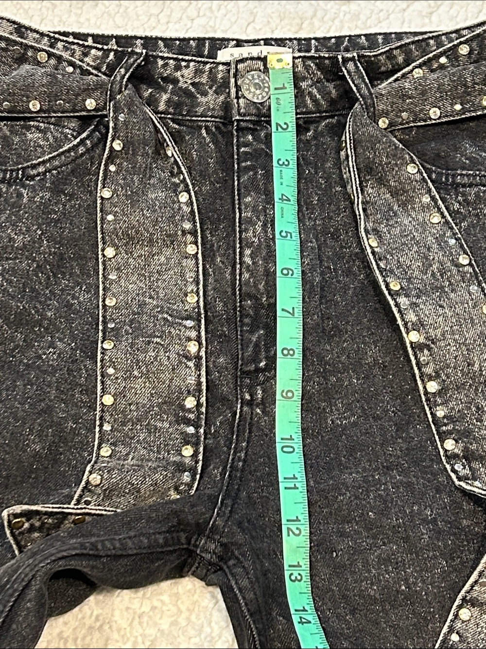 Sandro Fredd Black Acid Wash Jeans size 6 Studded Crystal Belt Straight Leg - Picture 12 of 14